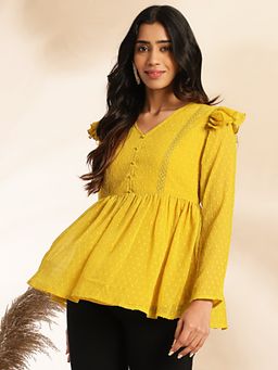 Janasya - Womens Mustard Dobby Chiffon Peplum Tunic