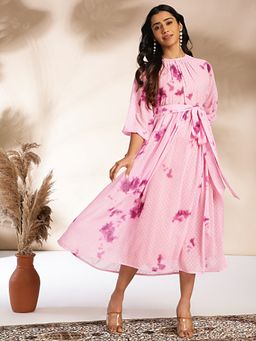 Janasya - Womens Pink Dobby Georgette Tie-Dye Fit & Flare Dress