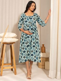 Janasya - Womens Light Blue Cotton Floral Fit & Flare Maternity Dress