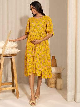Janasya - Womens Yellow Cotton Floral Fit & Flare Maternity Dress