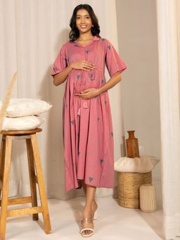 Janasya - Womens Pink Cotton Geometric Gathered Maternity Dress