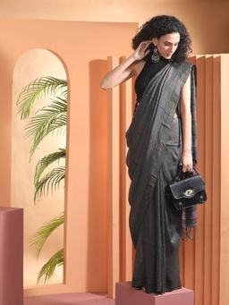 Beatitude - Grey Handloom Linen Saree with Unstitched Blouse