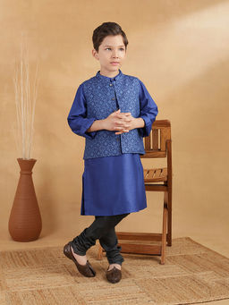 Fabindia - Blue Viscose Blend Hand Block Printed Kurta & Nehru Jacket
