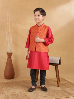 Fabindia - Rust Viscose Blend Hand Block Printed Kurta & Nehru Jacket