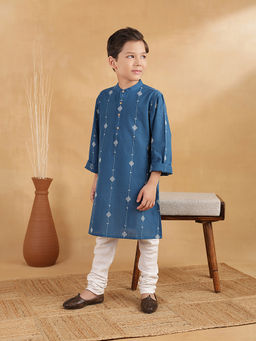 Fabindia - Navy Blue Cotton Dobby Long Kurta