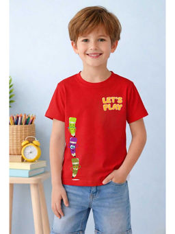MALKIAT - Red Color Fun Crew Printed Cotton T-Shirt
