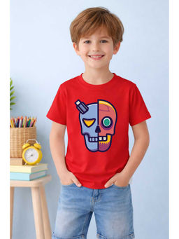 MALKIAT - Red Robo Skull Vibes Printed Cotton T-Shirt