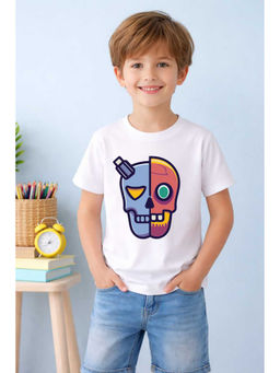 MALKIAT - White Robo Skull Vibes Printed Cotton T-Shirt