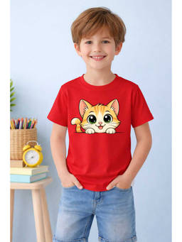 MALKIAT - Red Playful Cat Buddy Printed Cotton T-Shirt