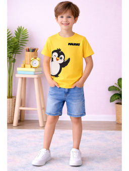 MALKIAT - Yellow Little Penguin Joy Printed Cotton T-Shirt