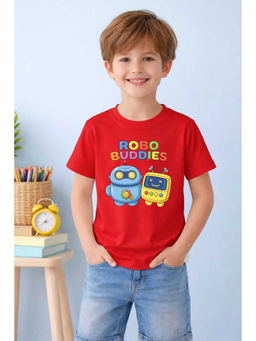 MALKIAT - Red Smiley Robot Duo Printed Cotton T-Shirt