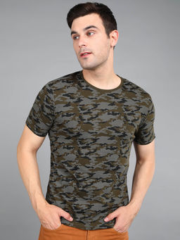 Urbano Fashion - Mens Green Camouflage Printed Slim Fit Half Sleeve Cotton T-Shirt