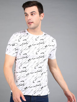 Urbano Fashion - Mens White Printed Round Neck Half Sleeve Slim Fit Cotton T-Shirt