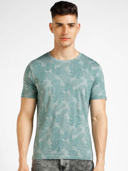 Urbano Fashion - Mens Green Printed Round Neck Half Sleeve Slim Fit Cotton T-Shirt