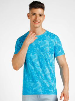 Urbano Fashion - Mens Blue Printed Round Neck Half Sleeve Slim Fit Cotton T-Shirt