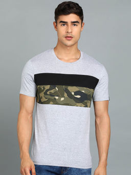 Urbano Fashion - Mens Grey, Black Camouflage Printed Slim Fit Half Sleeve Cotton T-Shirt