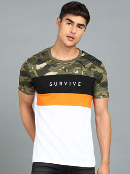 Urbano Fashion - Mens White, Orange Camouflage Slim Fit Half Sleeve Cotton T-Shirt