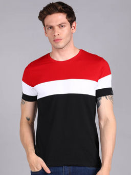 Urbano Fashion - Mens Black, White, Red Cotton Colorblock Slim Fit Half Sleeve T-Shirt