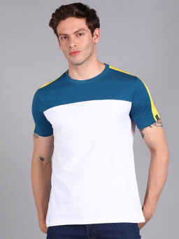 Urbano Fashion - Mens Blue, White Cotton Colorblock Slim Fit Half Sleeve T-Shirt