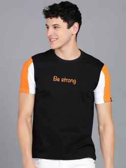 Urbano Fashion - Mens Black, Orange, Cotton Colorblock Slim Fit Half Sleeve T-Shirt