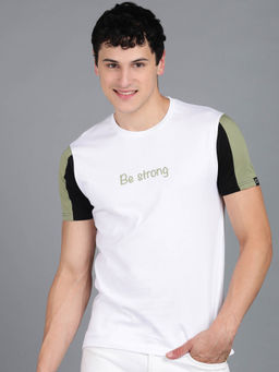 Urbano Fashion - Mens White, Olive Cotton Colorblock Slim Fit Half Sleeve T-Shirt