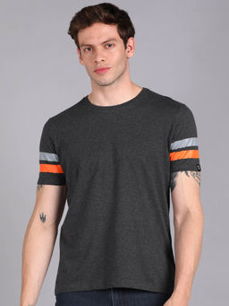 Urbano Fashion - Mens Anthra, Grey, Orange Cotton Colorblock Slim Fit Half Sleeve T-Shirt