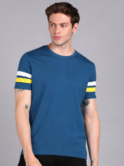 Urbano Fashion - Mens Blue, White, Yellow Cotton Colorblock Slim Fit Half Sleeve T-Shirt