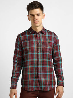 Urbano Fashion - Mens Maroon Cotton Full Sleeve Slim Fit Casual Checkered Shirt