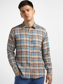 Urbano Fashion - Mens Beige Cotton Full Sleeve Slim Fit Casual Checkered Shirt