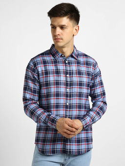 Urbano Fashion - Mens Blue Cotton Full Sleeve Slim Fit Casual Checkered Shirt