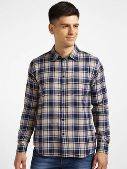 Urbano Fashion - Mens Khaki Cotton Full Sleeve Slim Fit Casual Checkered Shirt