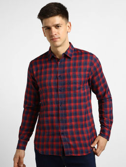 Urbano Fashion - Mens Red Cotton Full Sleeve Slim Fit Casual Checkered Shirt