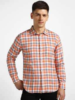 Urbano Fashion - Mens Orange Cotton Full Sleeve Slim Fit Casual Checkered Shirt