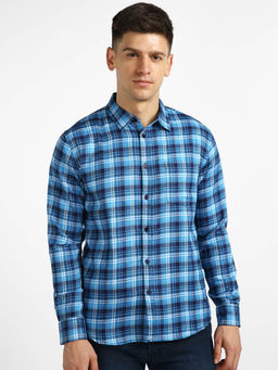 Urbano Fashion - Mens Blue Cotton Full Sleeve Slim Fit Casual Checkered Shirt