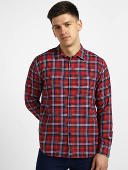 Urbano Fashion - Mens Maroon Cotton Full Sleeve Slim Fit Casual Checkered Shirt
