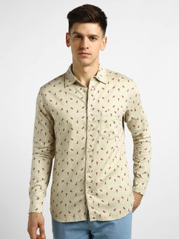 Urbano Fashion - Mens Beige Cotton Full Sleeve Slim Fit Casual Printed Shirt