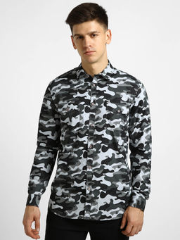 Urbano Fashion - Mens Grey Cotton Full Sleeve Slim Fit Casual Camouflage Printed Shirt