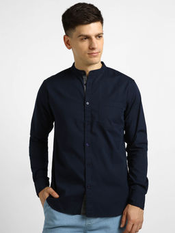 Urbano Fashion - Mens Blue Cotton Full Sleeve Slim Fit Solid Shirt With Mandarin Collar