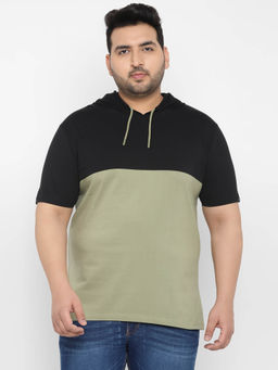 Urbano Plus - Mens Black, Olive Hooded Neck Regular Fit Half Sleeve Cotton T-Shirt