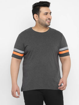 Urbano Plus - Mens Grey, Orange Colorblock Regular Fit Half Sleeve Cotton T-Shirt