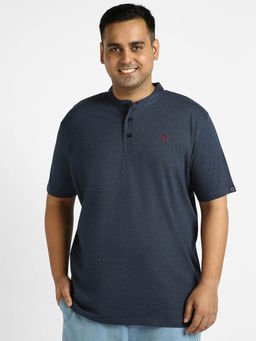 Urbano Plus - Mens Navy Blue Solid Mandarin Collar Regular Fit Half Sleeve Cotton T-Shirt