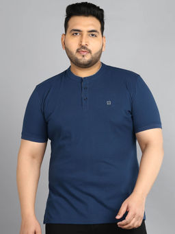 Urbano Plus - Mens Blue Solid Regular Half Sleeve Cotton T-Shirt With Mandarin Collar