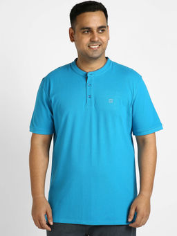 Urbano Plus - Mens Blue Solid Regular Half Sleeve Cotton T-Shirt With Mandarin Collar