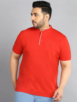 Urbano Plus - Mens Red Solid Regular Fit Half Sleeve Cotton T-Shirt With Mandarin Collar