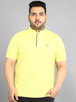 Urbano Plus - Mens Yellow Solid Regular Fit Half Sleeve Cotton T-Shirt With Mandarin Collar