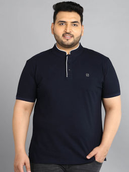Urbano Plus - Mens Blue Solid Regular Fit Half Sleeve Cotton T-Shirt With Mandarin Collar