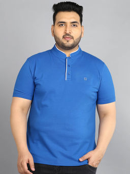 Urbano Plus - Mens Blue Solid Regular Fit Half Sleeve Cotton T-Shirt With Mandarin Collar