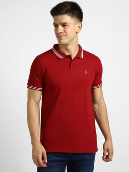 Urbano Fashion - Mens Red Solid Slim Fit Half Sleeve Cotton Polo T-Shirt