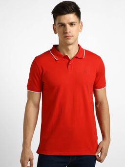 Urbano Fashion - Mens Red Solid Slim Fit Half Sleeve Cotton Polo T-Shirt