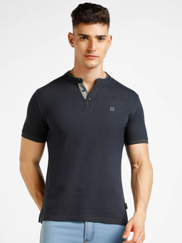 Urbano Fashion - Mens Grey Solid Slim Fit Half Sleeve Cotton T-Shirt With Mandarin Collar